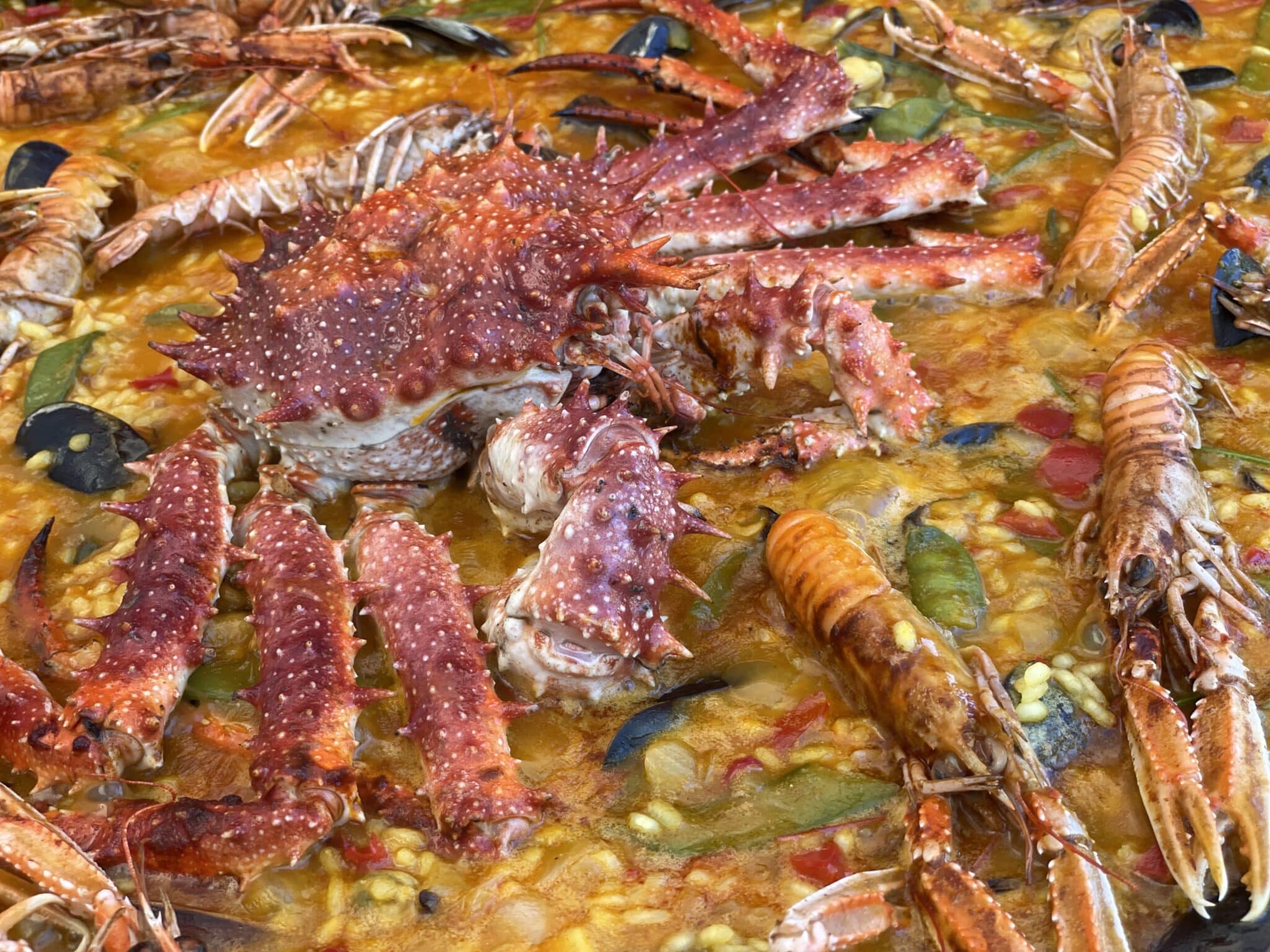 Nærbillede af paella med skaldyr og krabbe